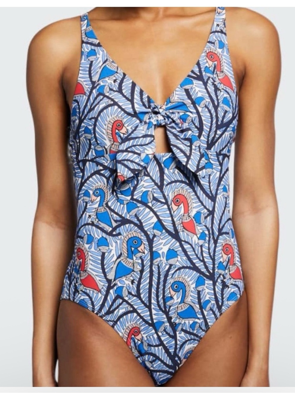 Tory Burch Blue & Red Parrot-Print One-Piece Swimsuit L